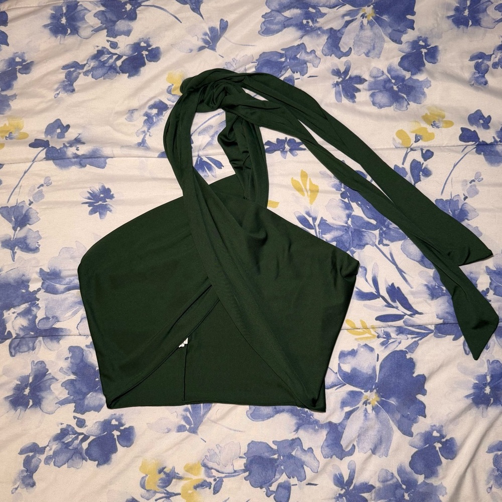 dark green tie-neck halter scarf top, size L